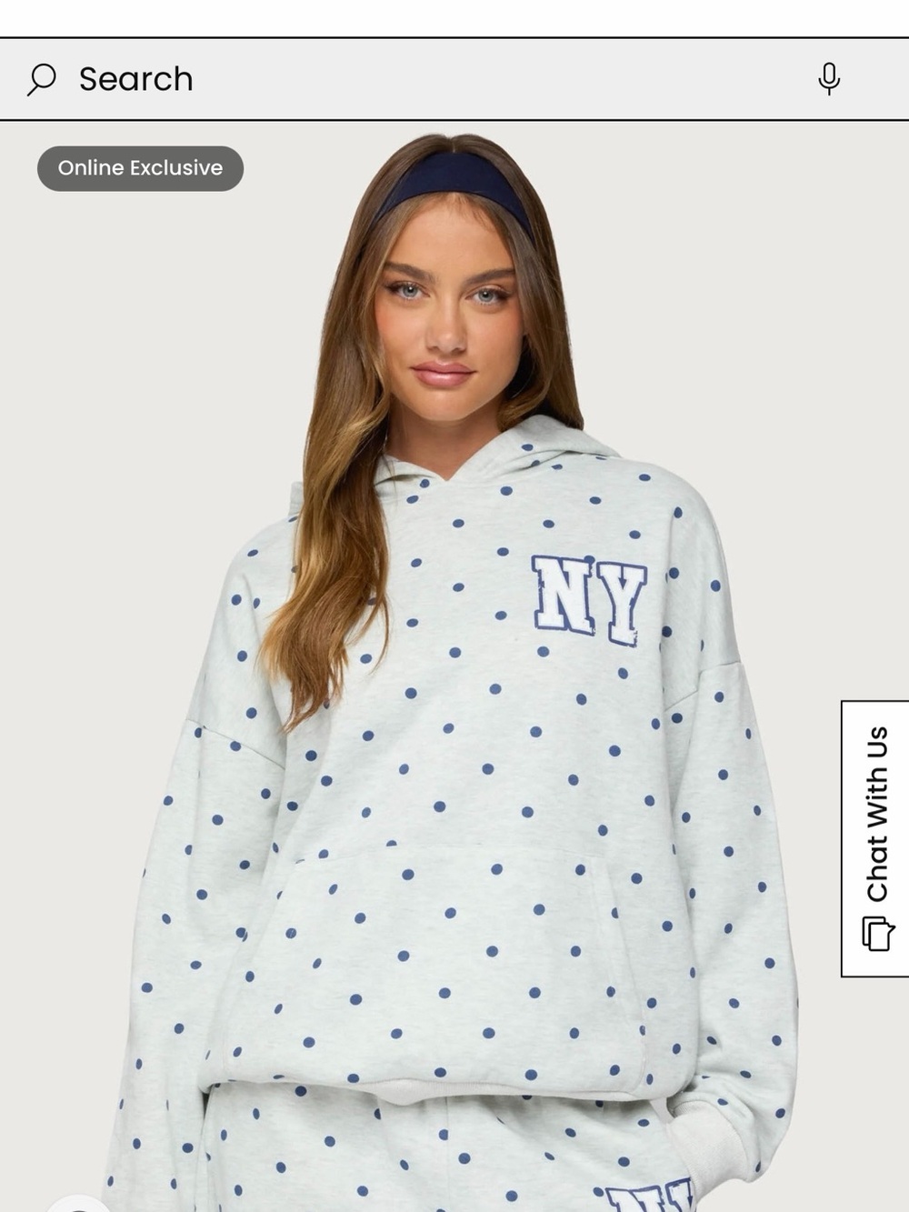 Edikted Light Gray Polka Dot NY Hoodie with Navy Dots